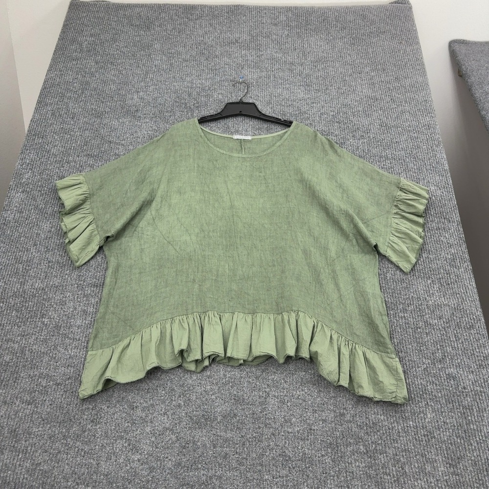 Made in Italy Top Womens One Size Green Linen Ruffle Hem Short Sleeve Boho Style